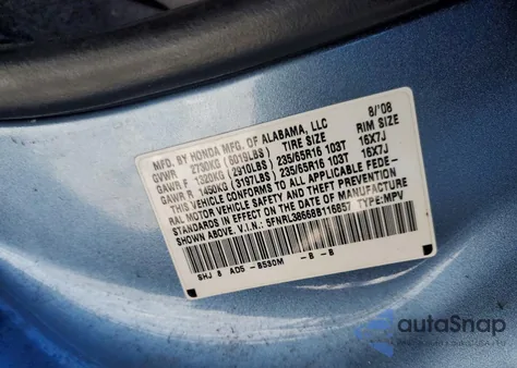 2008 Honda Odyssey Exl from USA, damaged, VIN 5FNRL38668B116857